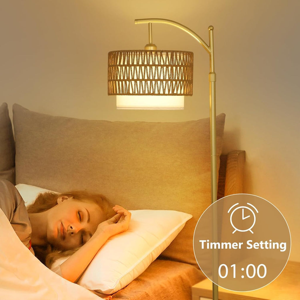 Gold Floor Lamps for Living Room with Remote Dimmable LED Bulb, Arc Floor Lamp with 3 Color Temperatures, Boho Standing Lamp with Rattan Fabric Shades, Adjustable Tall Lamp for Bedroom