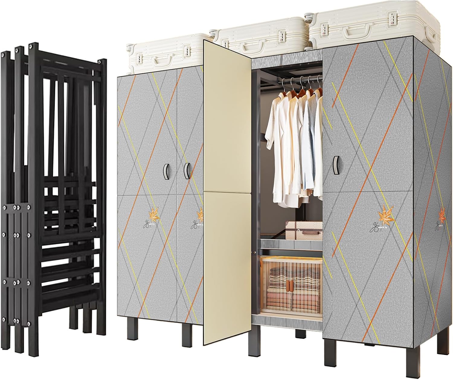 Heavy Duty Portable Closet Wardrobe, Garment Rack with Cover & Hanging Rods, Freestanding Wardrobe with Magnetic Door, Metal Closet Rack for Hanging Clothes (Door Design, 49.2''/125cm)