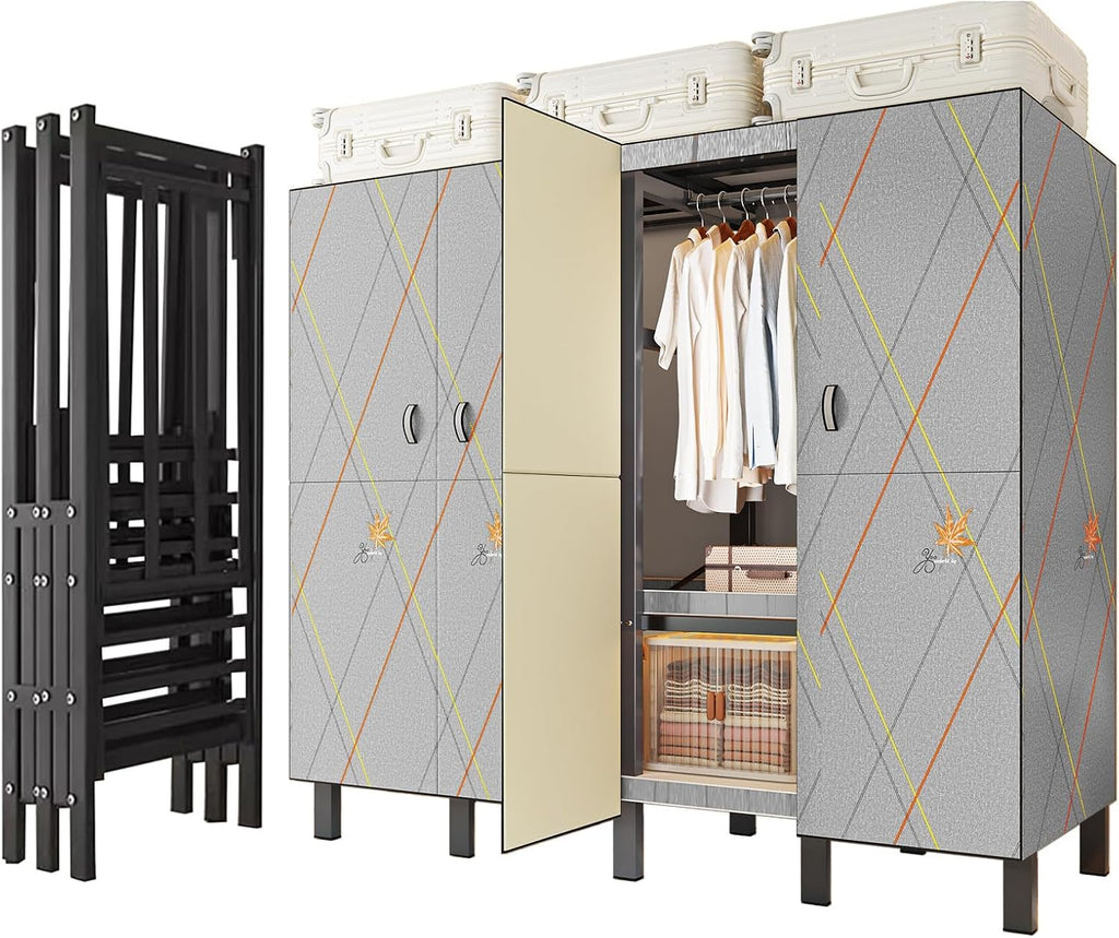 Heavy Duty Portable Closet Wardrobe, Garment Rack with Cover & Hanging Rods, Freestanding Wardrobe with Magnetic Door, Metal Closet Rack for Hanging Clothes (Door Design, 70.9''/180cm)