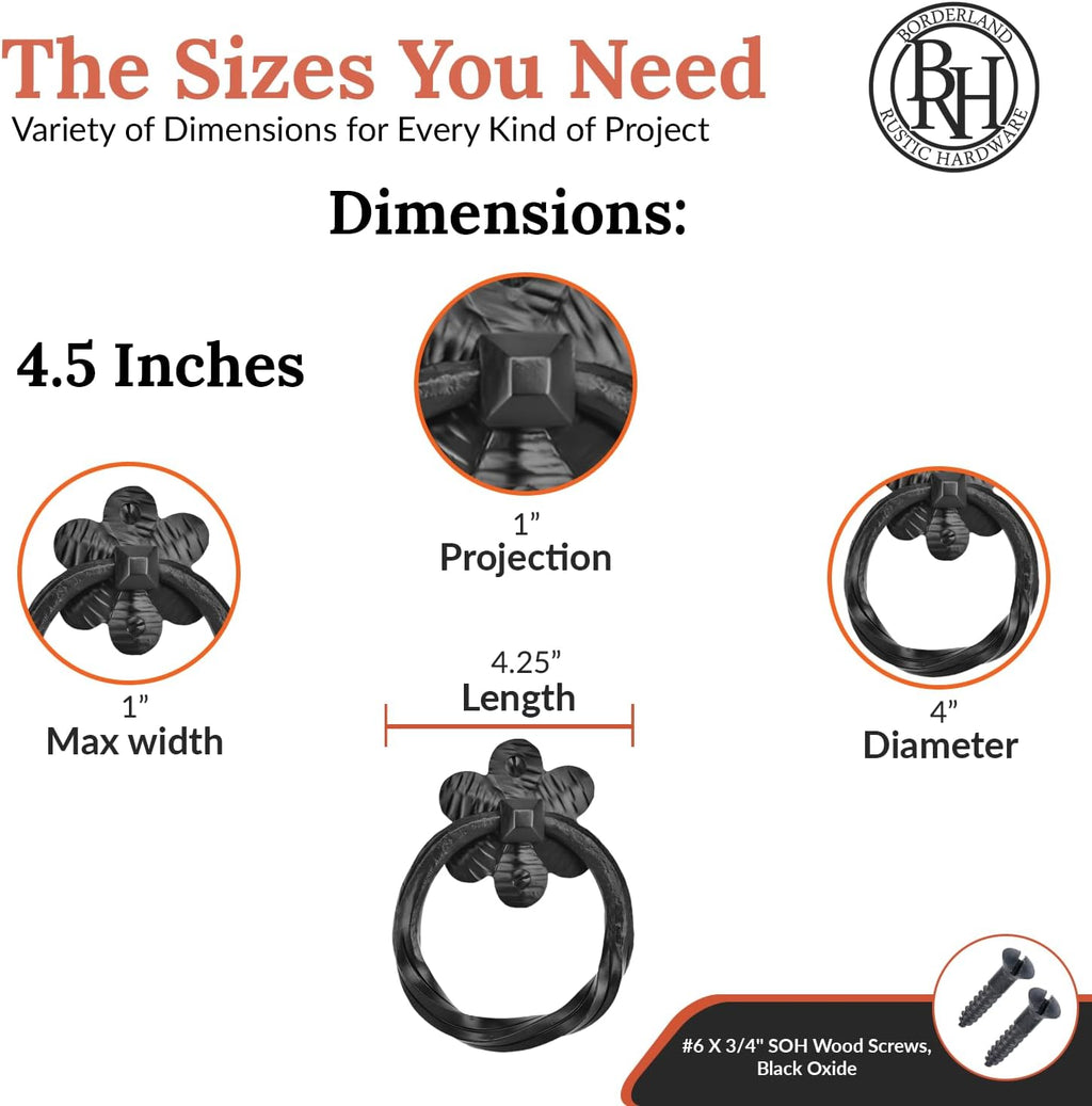 4 Pack 4.5' Decorative Black Ring Pulls - Heavy Duty Decorative Iron Pull - Handmade Rustic Metal Ring Pull for Chests, Trunks, Barn Doors & Door Pulls - The Farmhouse Series