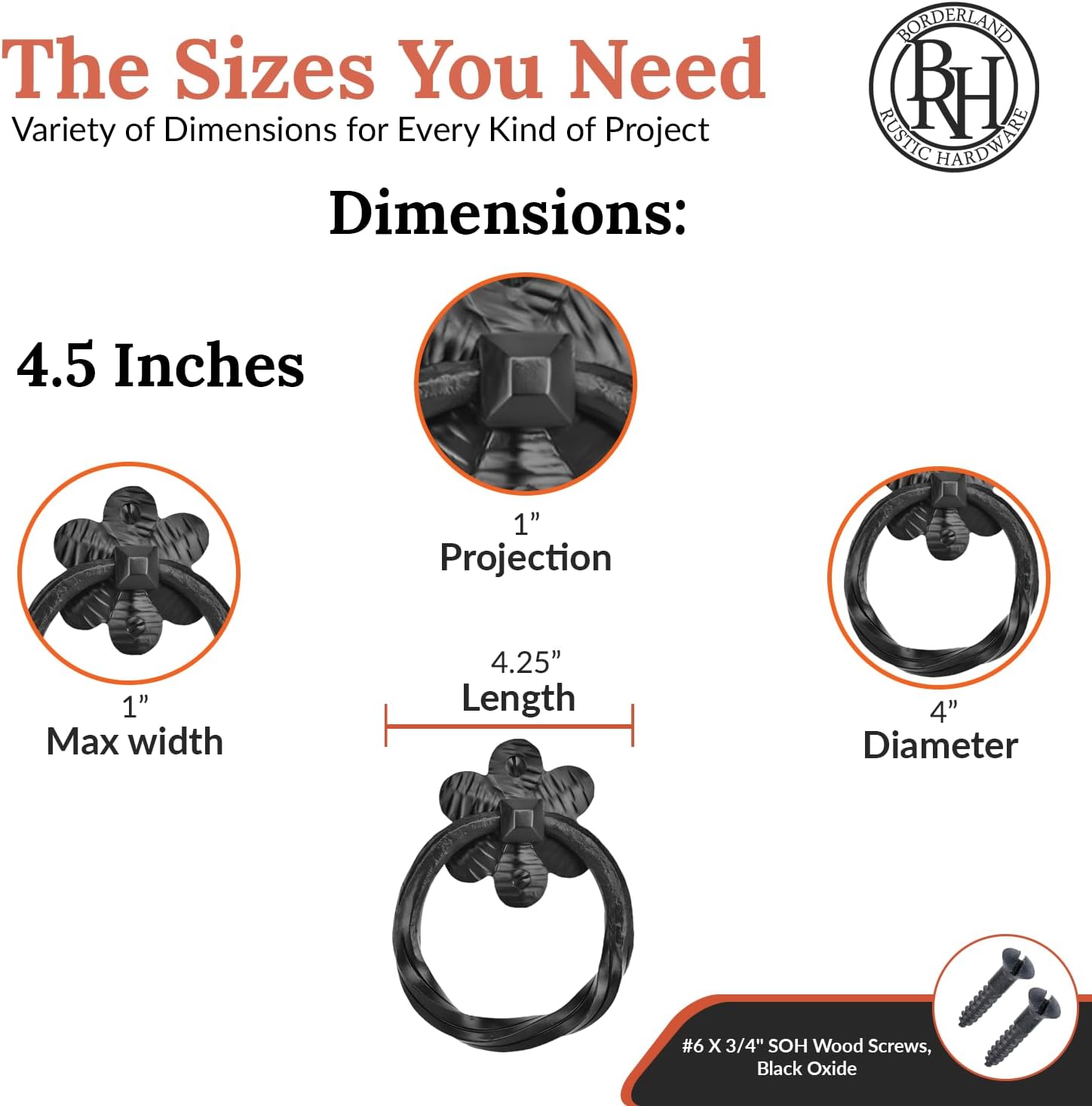 4 Pack 4.5' Decorative Black Ring Pulls - Heavy Duty Decorative Iron Pull - Handmade Rustic Metal Ring Pull for Chests, Trunks, Barn Doors & Door Pulls - The Farmhouse Series