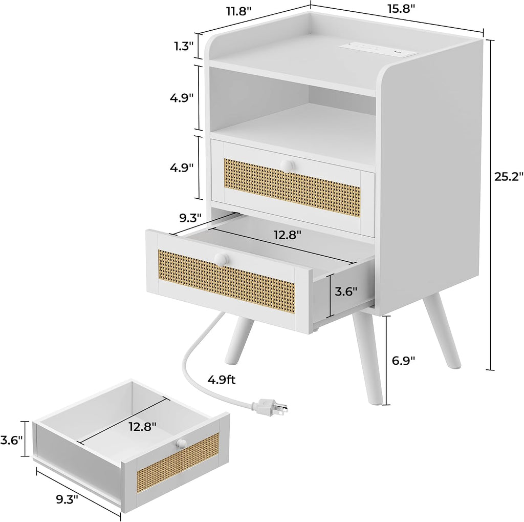 SUPERJARE 2 Drawer Night Stand with Charger Station, Boho Rattan Nightstand Set of 2, 25.2 Inch Tall Bed Side Table with Solid Wood Feet, End Table, Open Storage, Synthetic Rattan, for Dorm, White