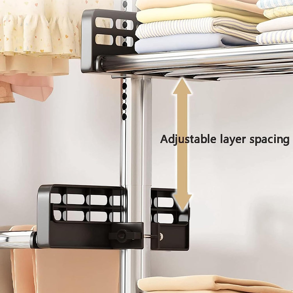 Heavy Duty Garment Rack - Telescopic Coat Hanger with Tray, Height Adjustable Clothes Tidy Rail for Closet Organization