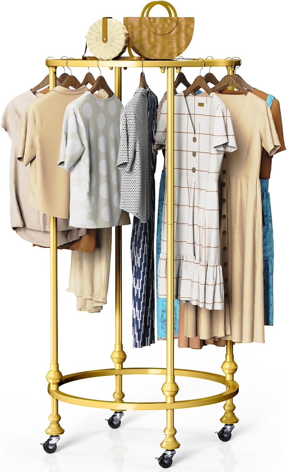 Rolling Round Garment Rack, Freestanding Double Space Multi-Purpose Retail Clothing Rack with Wheels and Topper, Heavy Duty Commercial Clothing Organizer for Retail Boutique Bedroom (Gold)