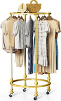 Rolling Round Garment Rack, Freestanding Double Space Multi-Purpose Retail Clothing Rack with Wheels and Topper, Heavy Duty Commercial Clothing Organizer for Retail Boutique Bedroom (Gold)
