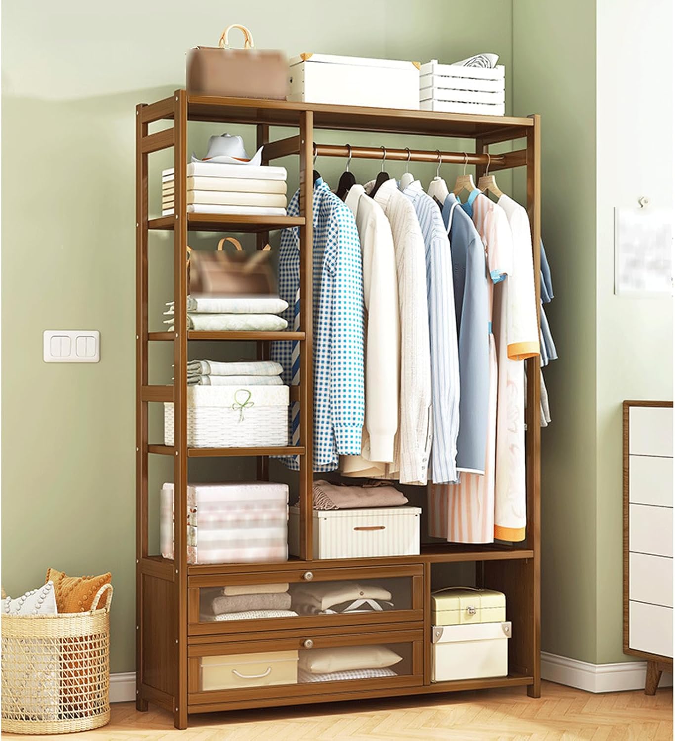 Bamboo Clothes Rack Storage Shelves w/2 Drawers Free Standing Garment Rack w/Side Hooks & Pants Rack Heavy Duty Clothing Hanging Rack for Hall