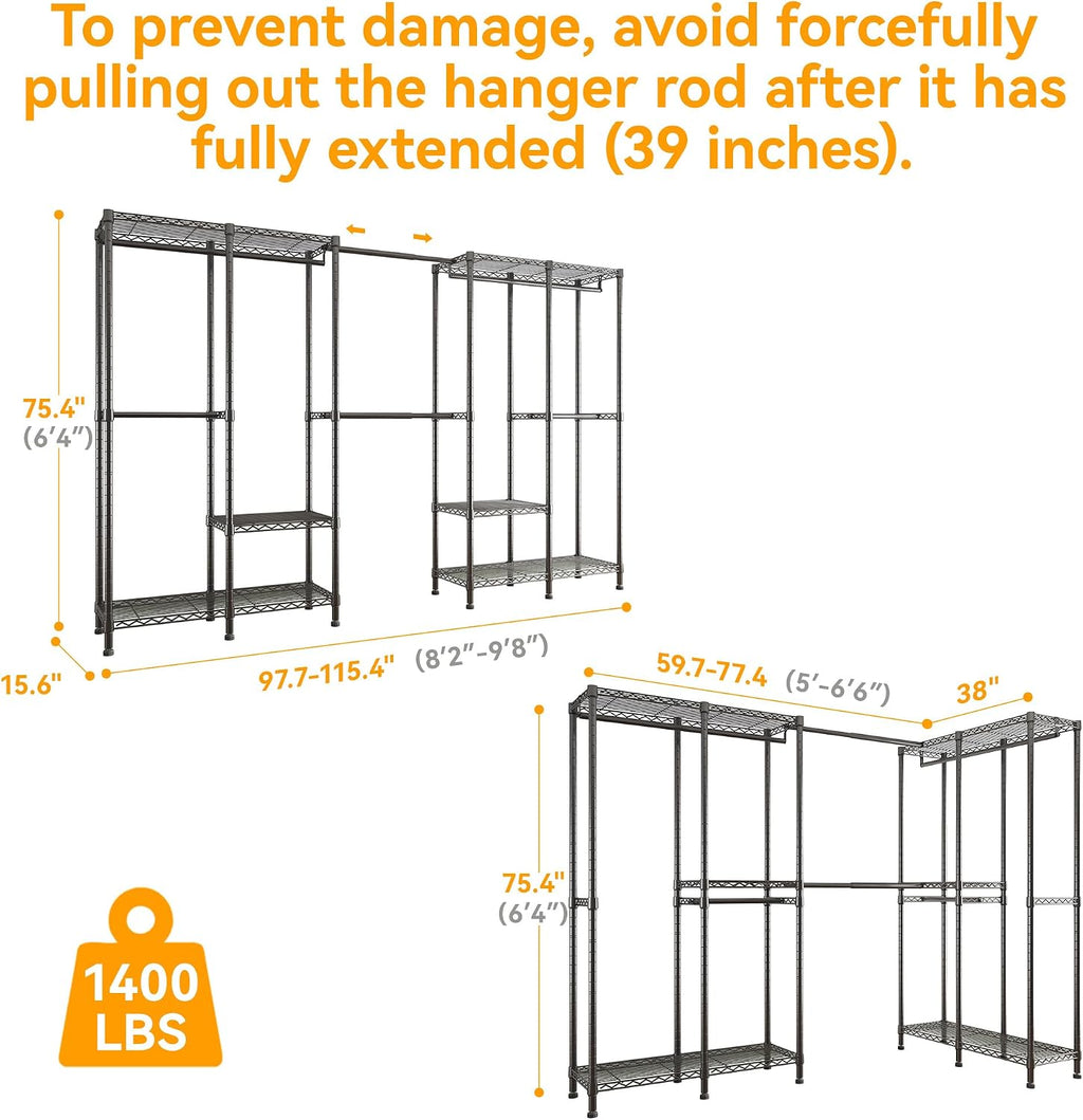 Higeego H5 Pro Heavy Duty Garment Rack, Freestanding Clothes Rack, Wardrobe Closet for Hanging Clothes, Portable Closet Organizer with Expandable Hanger Rods, (97.7-115.4')L x 15.7'W x 75.4'H, Black