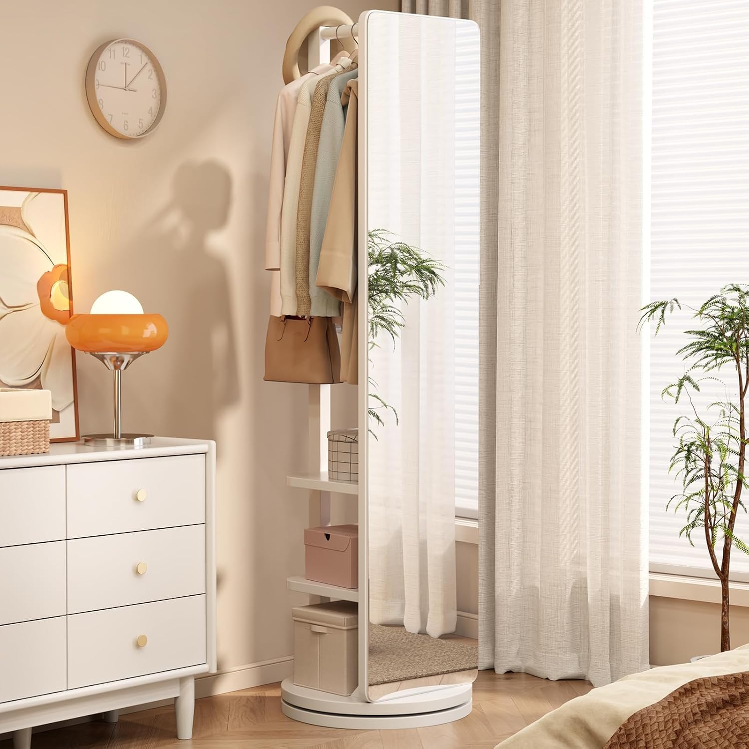 BOWEI Solid Wooden Coat Rack, Free Standing Coat Stand with Full Length mirror, Hall Coat Tree with Hooks and Storage Shelf for Coats, Hats, Bags, for Entryway, Hallway, Bedroom (White)