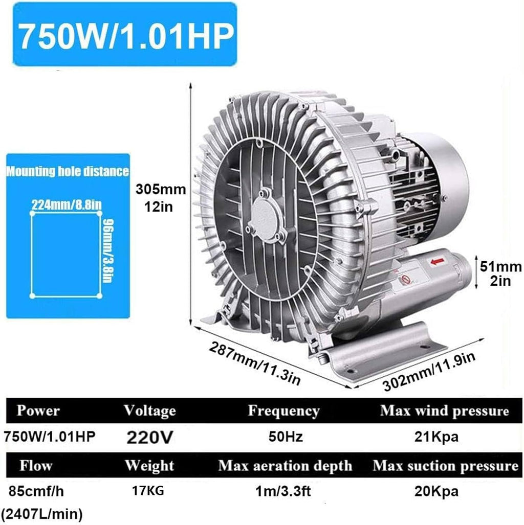 220V Side Channel Blower,120W-1100W Regenerative Blower,for Basement and Factory Ventilation,Regenerative Blower,750W/1.01HP