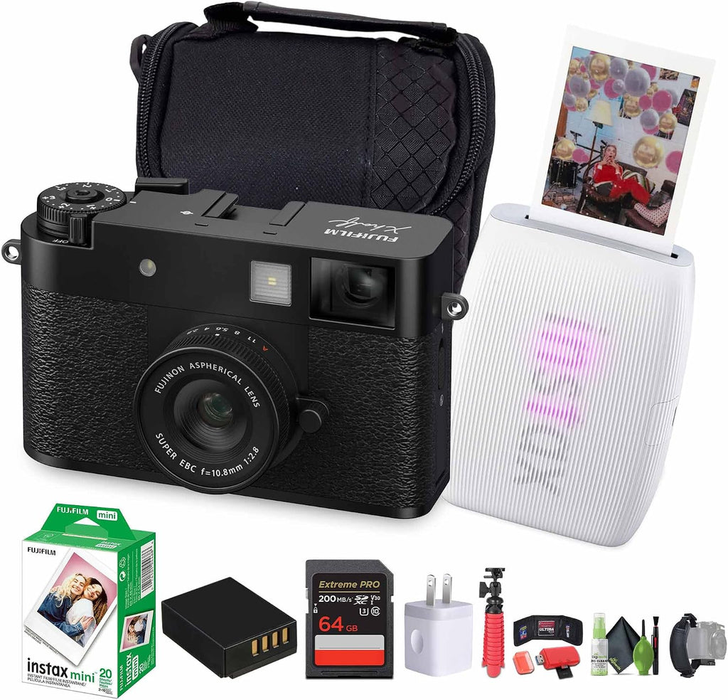 FUJIFILM X Half Premium Compact Digital Camera (Black) Bundle with Fuji Link 3 Smartphone Printer (Clay White) + Instax Mini Film + 64GB Memory Card + Flexible Tripod + Cleaning Kit + More