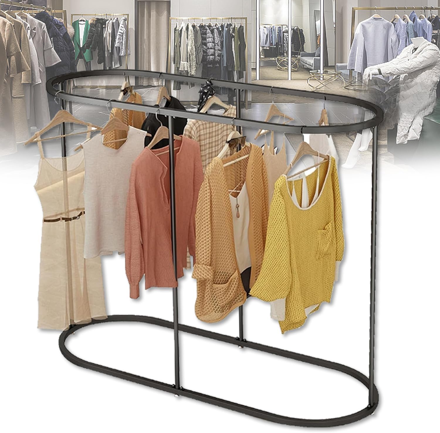Floor Standing Clothes Hanging Rack, Commercial Round Clothes Rack, Freestanding Hanger Organizer, lothes Boutique Display Racks Display Racks for Hanging Clothes,Black