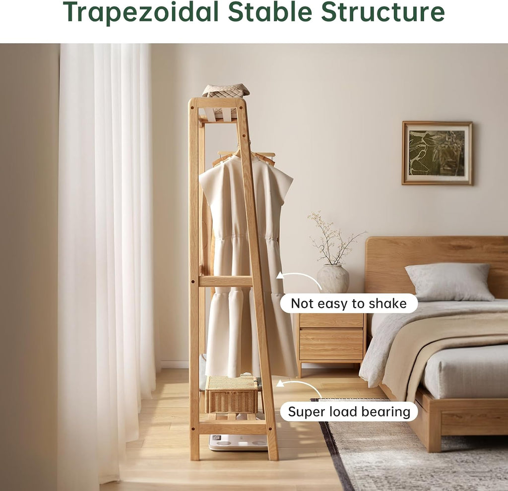 Solid Wood Clothes Rack, Clothing Rack with Shelves for Bedroom, Living Room, Entryway, 16' x 20' x 63', Oak Wood, Natural