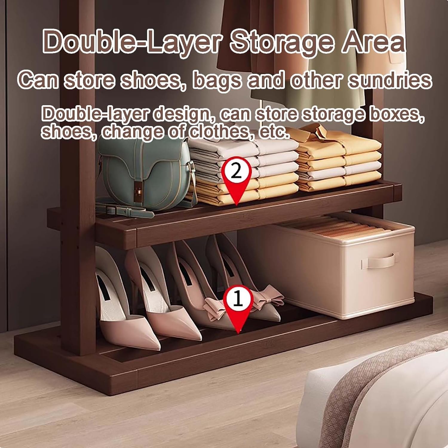 Clothes Rack, Bamboo Floor-standing Bedroom Coat Rack,Rack Heavy Duty Garment Racks For Hanging Clothes,Shoe Clothing Storage Organizer Shelves, 63 in Height(Brown,85CM/33.5IN)