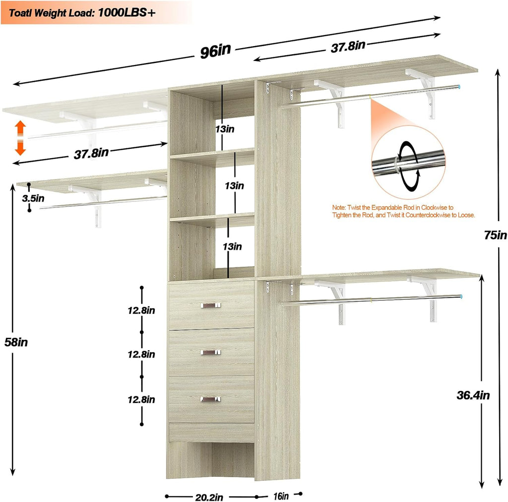 iSunirm 8FT Closet System, 96'' Closet Organizer System with 3 Hanging Rods, Wall Mount Bedroom Wardrobe with 3 Drawers Walk-in Closet, Adjustable Garment Rack from 5 to 8FT(Cut to Fit), White Oak