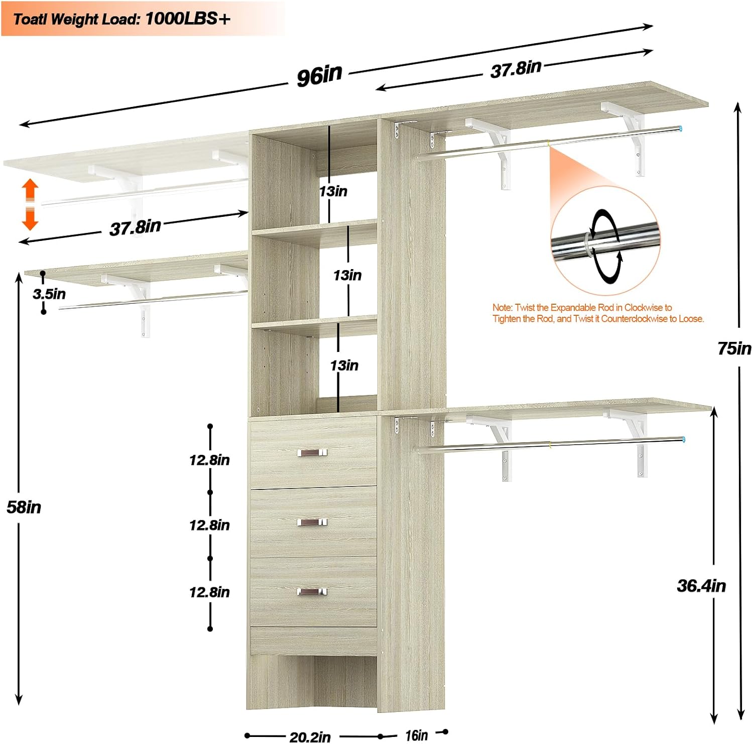 iSunirm 8FT Closet System, 96'' Closet Organizer System with 3 Hanging Rods, Wall Mount Bedroom Wardrobe with 3 Drawers Walk-in Closet, Adjustable Garment Rack from 5 to 8FT(Cut to Fit), White Oak