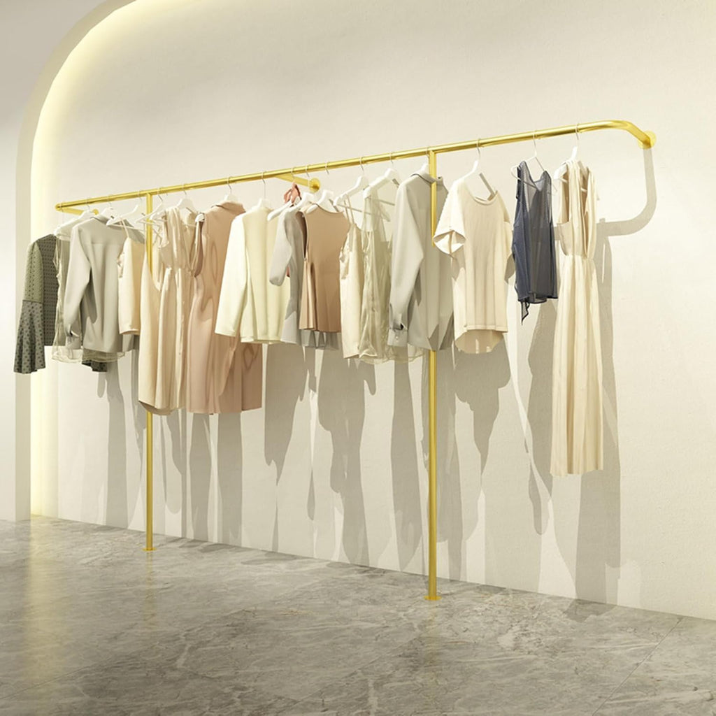 Wall-Mounted Garment Rack Hanging Gold Clothes Rack, Clothing Store Large-Capacity Metal Display Stand,Heavy Duty Garment Shelves Closet Rods, Home Retail,Height 170cm-Length 150cm