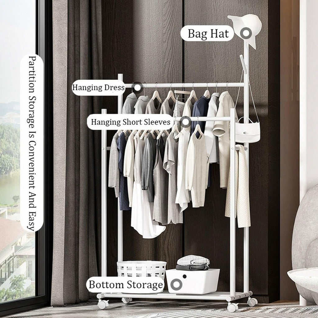 ELZEM Rolling Clothes Rack on Wheels, Double Rod Clothing Garment Rack,Hanging Clothes Organizer for Bedroom,Clothing Store, Hallway A