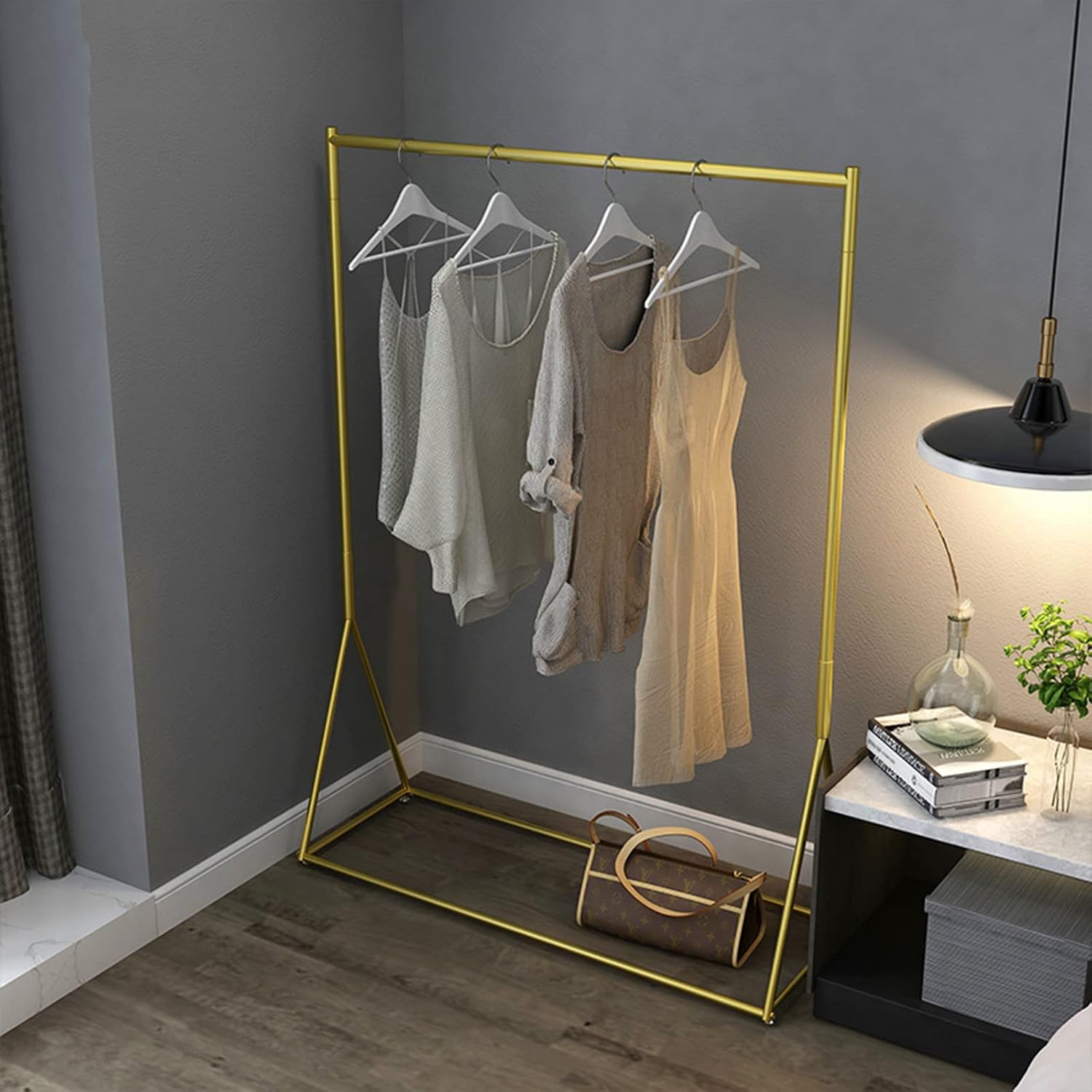 Mlaea Free-Standing Garment Rack, Portable Single-Pole Hanging Rail, Garment Rack for Hanging Clothes, for Bedroom, Clothes Shop, Balcony,Gold, 150cm(Size:80 * 42 * 150CM,Color:Gold)