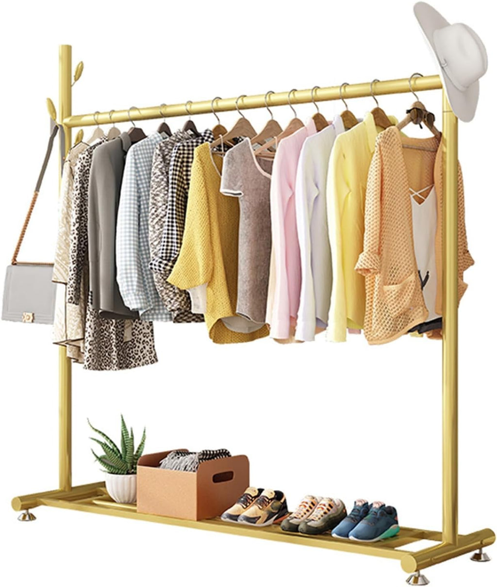 Freestanding Clothes Rack with Side Hooks and Storage Shelf, Heavy Duty Iron Pipe Garment Rack for Hanging Clothes, Clothes Organizer for Bedroom, Laundry Room, Height 158cm, Gold (Color : Gold, Siz