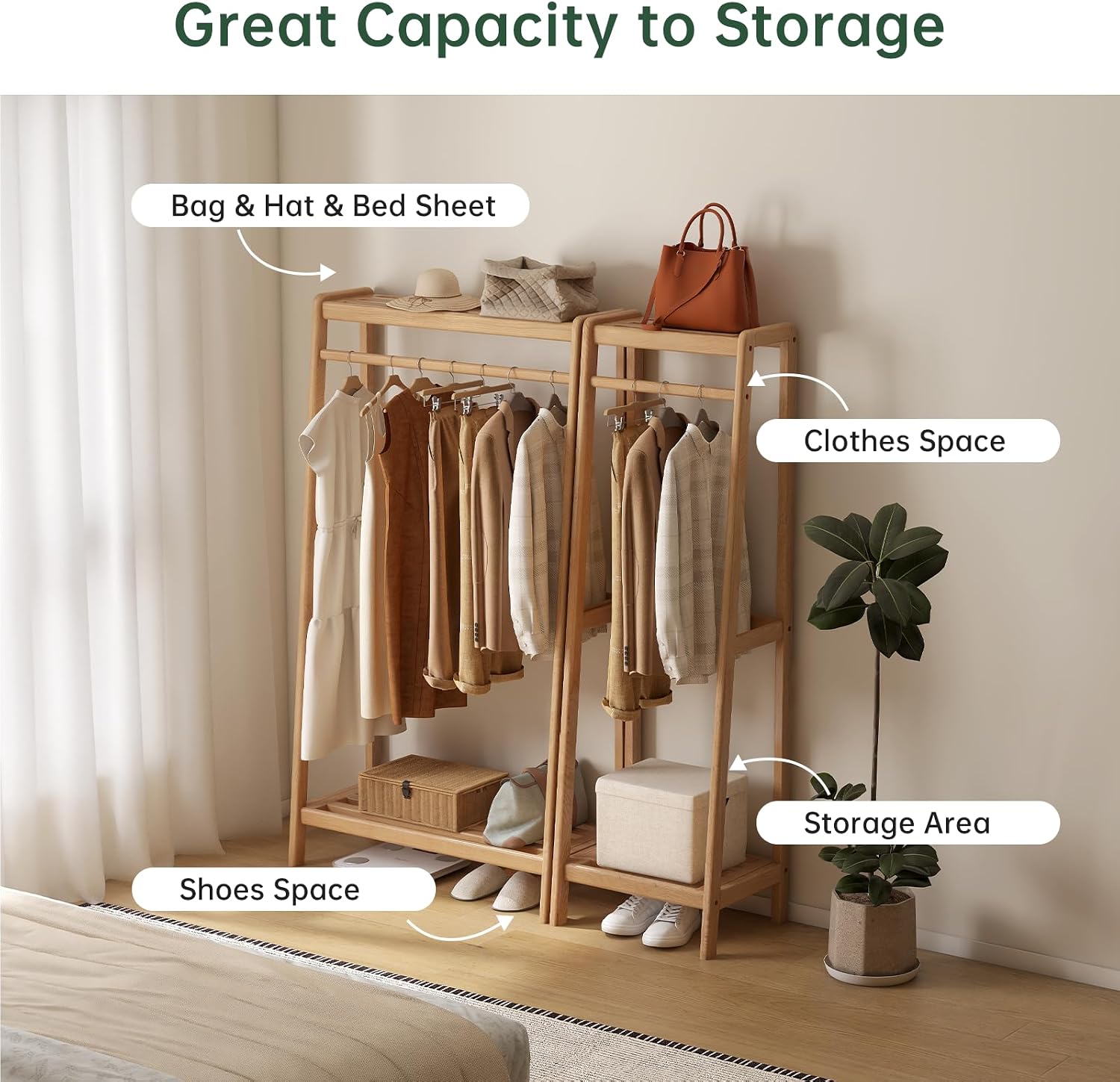 Solid Wood Clothes Rack, Clothing Rack with Shelves for Bedroom, Living Room, Entryway, 16' x 20' x 63', Oak Wood, Natural