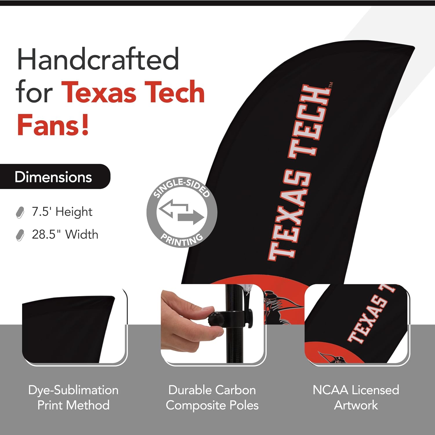 Texas Tech Red Raiders College Sports Printed Feather Flag - NCAA Licensed - Super Polyester - School Banner (Black, Red, White) (7.5' Spike Base)
