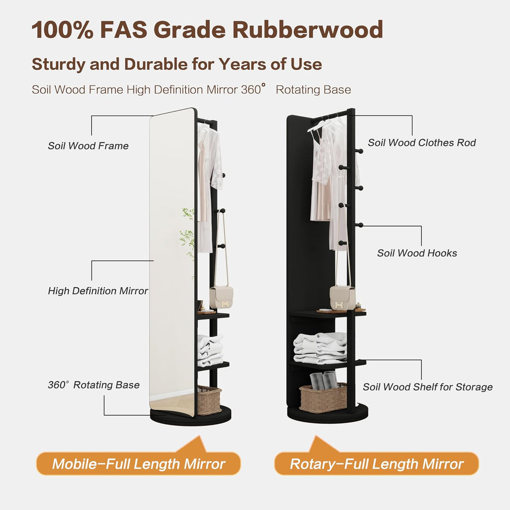 BOWEI Solid Wooden Mirror Coat Rack, Full Length Mirror with Coat Rack, Hall Coat Tree with Hooks and Storage Shelf for Coats, Hats, Bags, for Entryway, Hallway, Bedroom (Black)