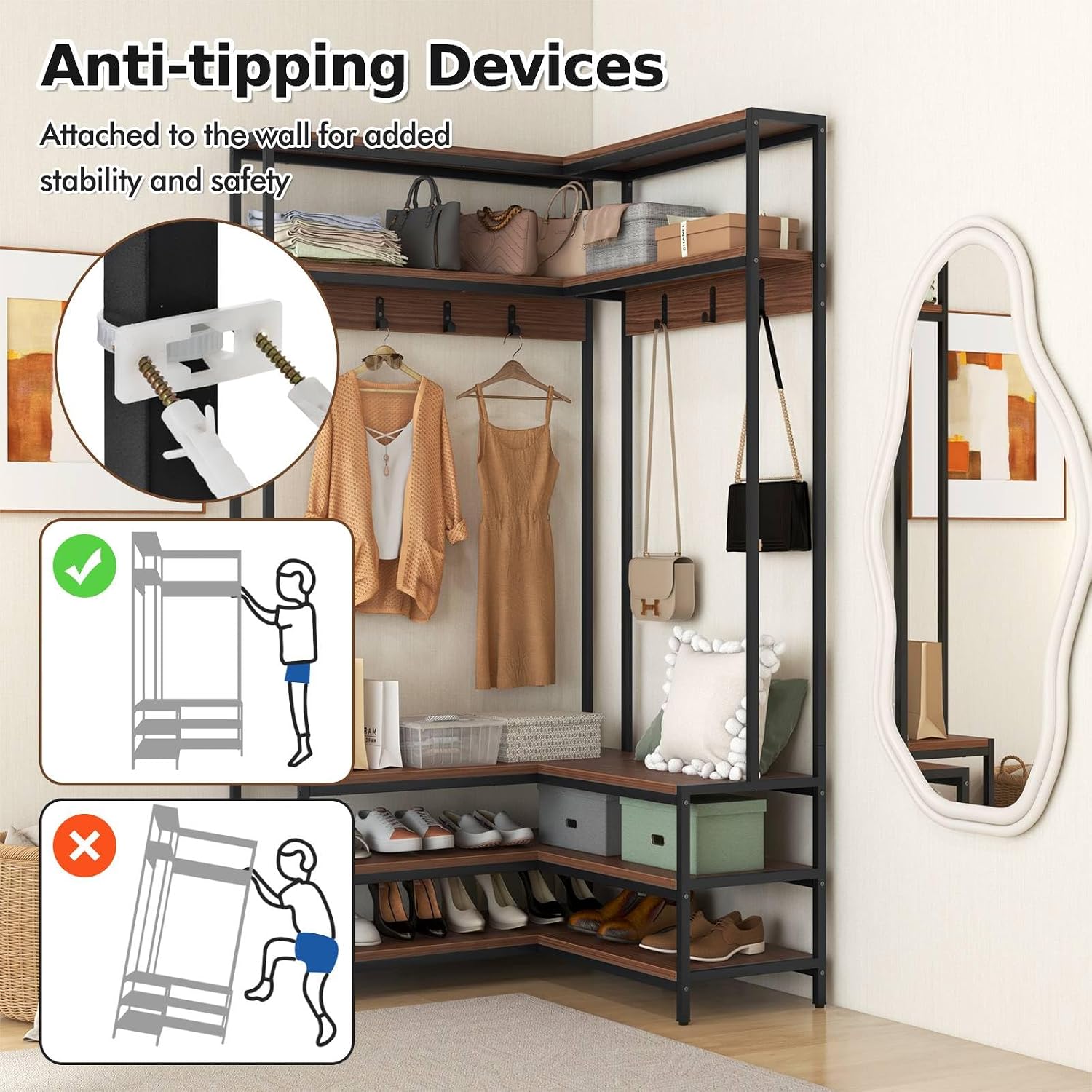 Multigot L-shaped Clothes Rack, Freestanding Corner Garment Rack Hall Tree with Shoe Storage Bench, Shelves and 7 Hooks, Metal Frame Coat Rack Stand Closet Storage Organizer (Walnut+Black)