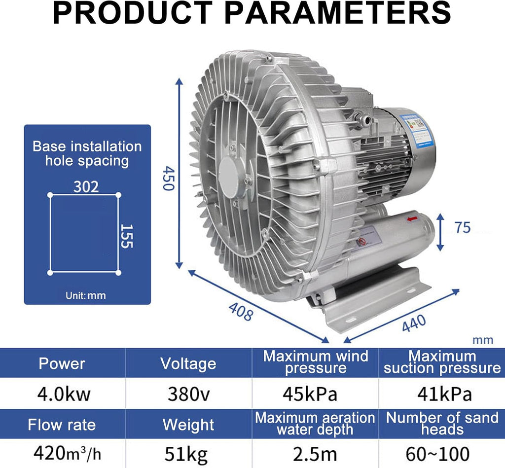 Industrial Vacuum Pump for Dust Removal, 4KW Vortex Blower 220V/380V for Factory Ventilation, High-Efficiency Regenerative Blower for Industrial Use