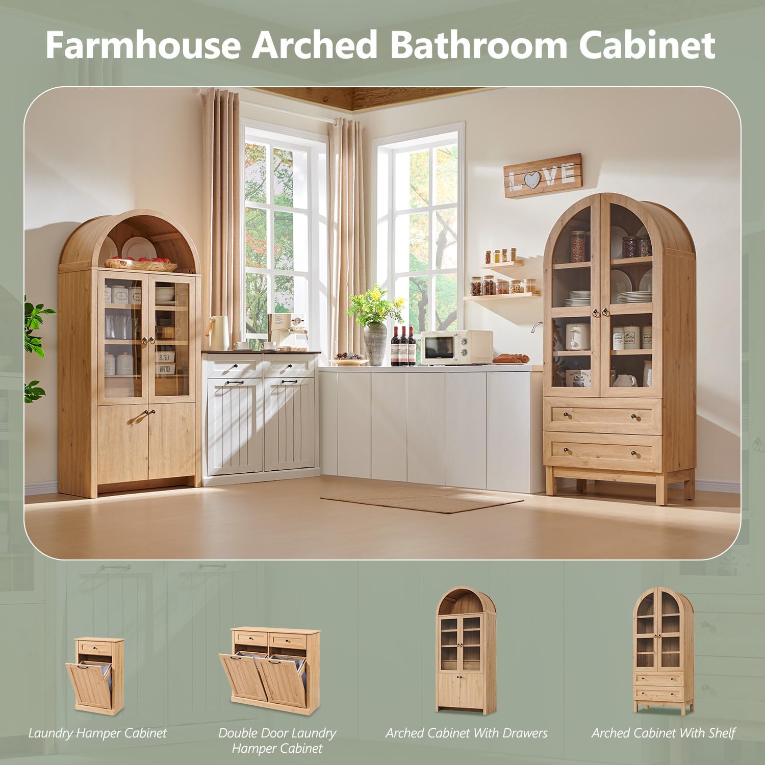 71' Tall Arched Bathroom Storage Cabinet, 4-Tier cabinet w/2 Large Drawers &Adjustable Shelves, Wooden Bathroom Floor cabinets w/Glass Doors, Modern Farmhouse Versatile Cabinets for bathroom, Natrual