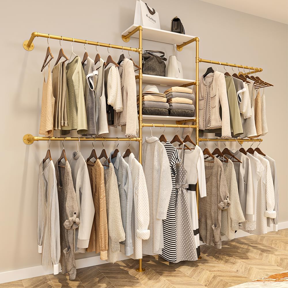 KaKaBB Heavy Duty Gold Pipe Clothing Rack - Wall Mounted Industrial Clothes Rack, DIY Corner Closet System with Shelves, Adjustable Walk-in Closet Organizer (GOLD, 94.5')