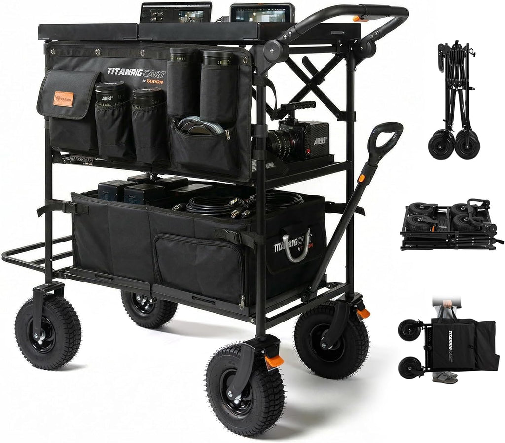 TARION Video Production Camera Cart - Foldable Photography Dolly with Inflatable Rubber Wheels and Wider Top Shelf - Heavy Duty Mobile Workstation with Storage Bins for Film Crew - Titanrig Cart Pro
