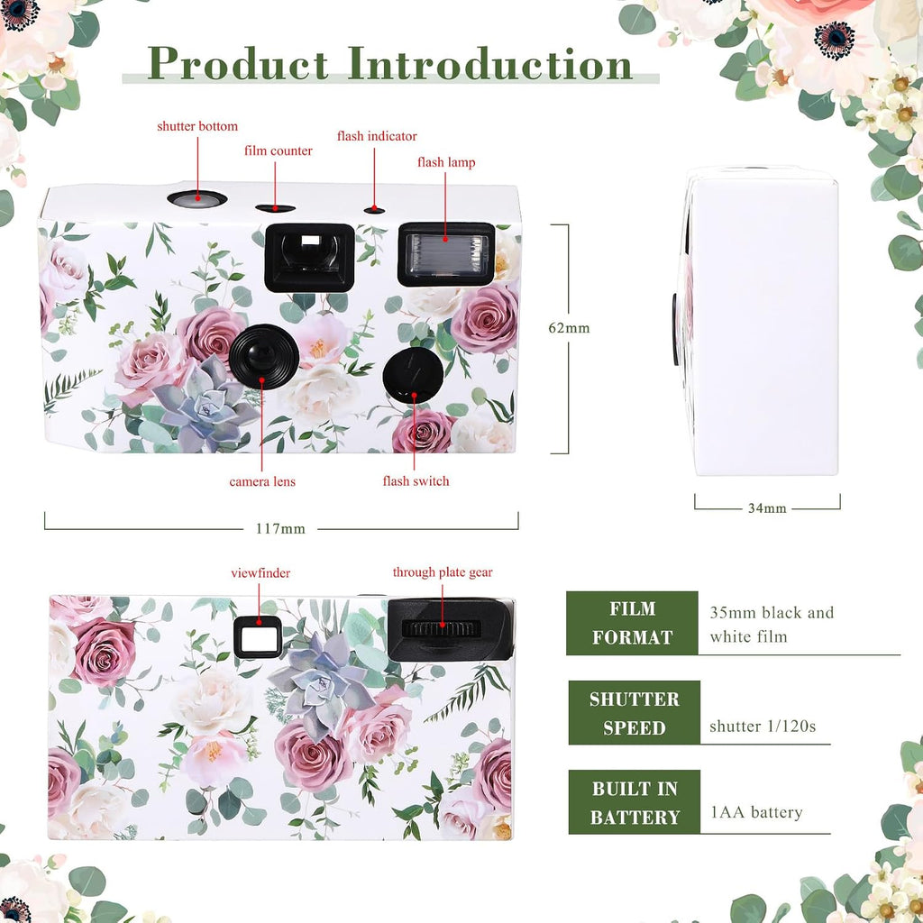 10 Pack Disposable Camera for Wedding Bulk, 35mm Single Use Camera Bulk with Flash Black and White Film for Gathering Wedding Travel (Pink Rose,Black and White Film)