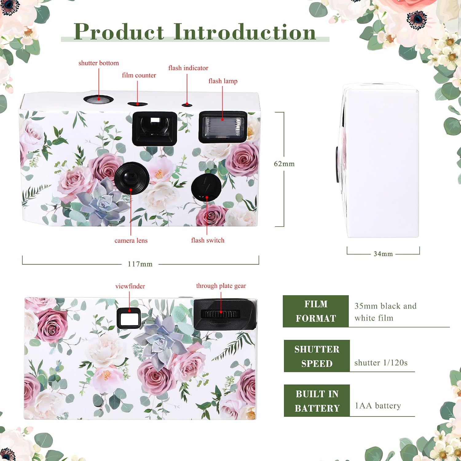 10 Pack Disposable Camera for Wedding Bulk, 35mm Single Use Camera Bulk with Flash Black and White Film for Gathering Wedding Travel (Pink Rose,Black and White Film)