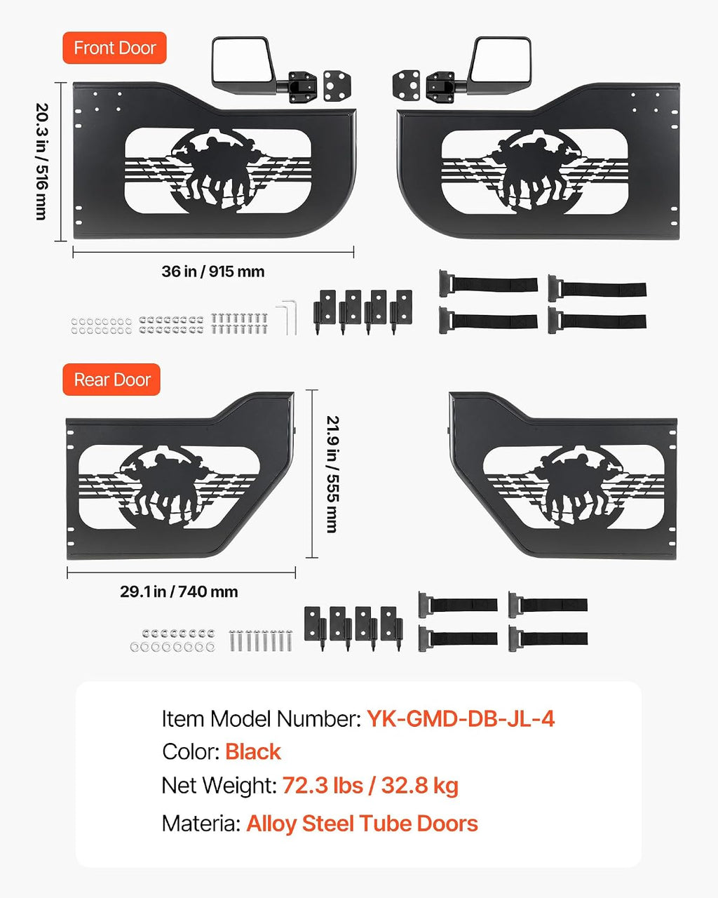 VEVOR Jeep Tube Doors, 4-Door, Fit for 2018-2026 Jeep Wrangler JL & 2020-2026 Gladiator JT, Soldier Pattern Off Road Front & Rear Tubular Half Doors with DOT Certified Side View Mirrors & Rubber Pads
