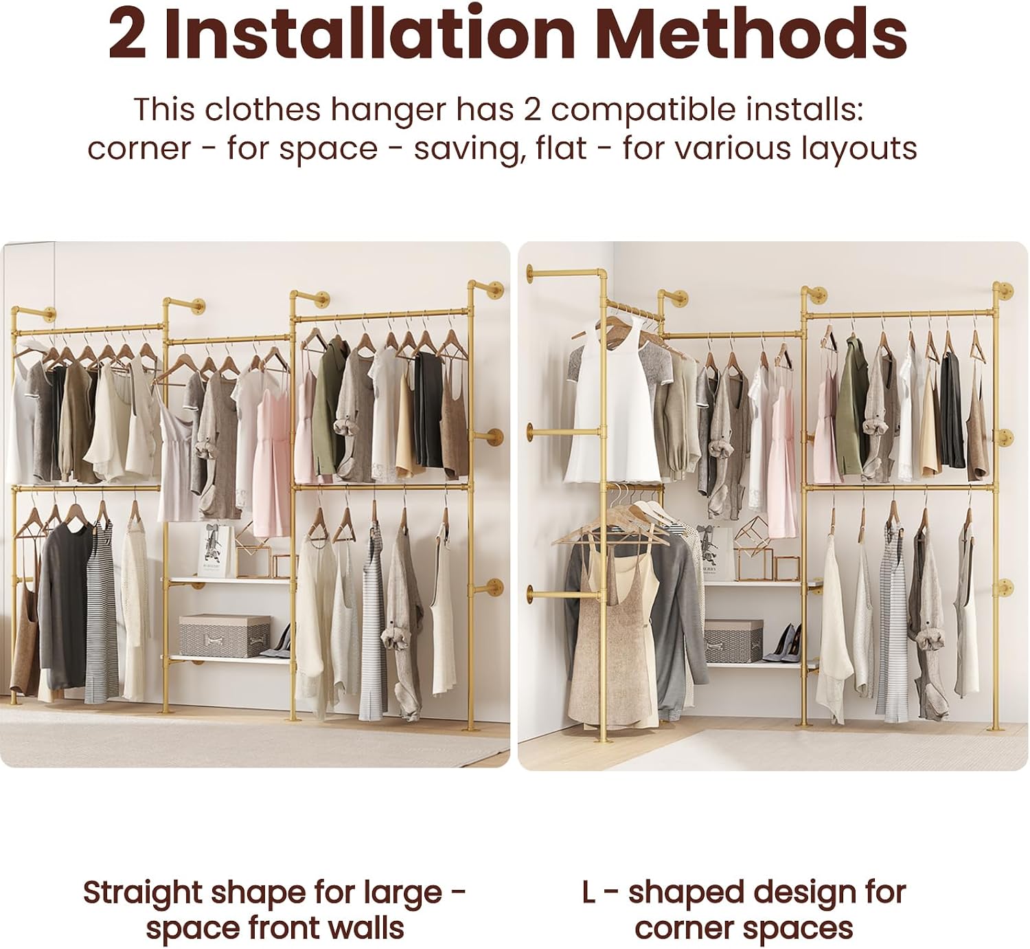 Industrial Pipe Clothes Rack,Wall Mounted Closet Wardrobe Rack, Corner L Shaped Walk-in Closet System, 2 Installation Methods (Gold, 80' H x 86' W)