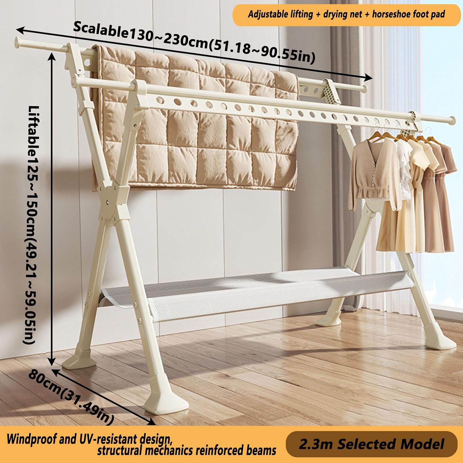 Foldable Freestanding Clothes Drying Rack, Portable and Extendable Clothing Rack with Stable Structure for Hanging Clothes