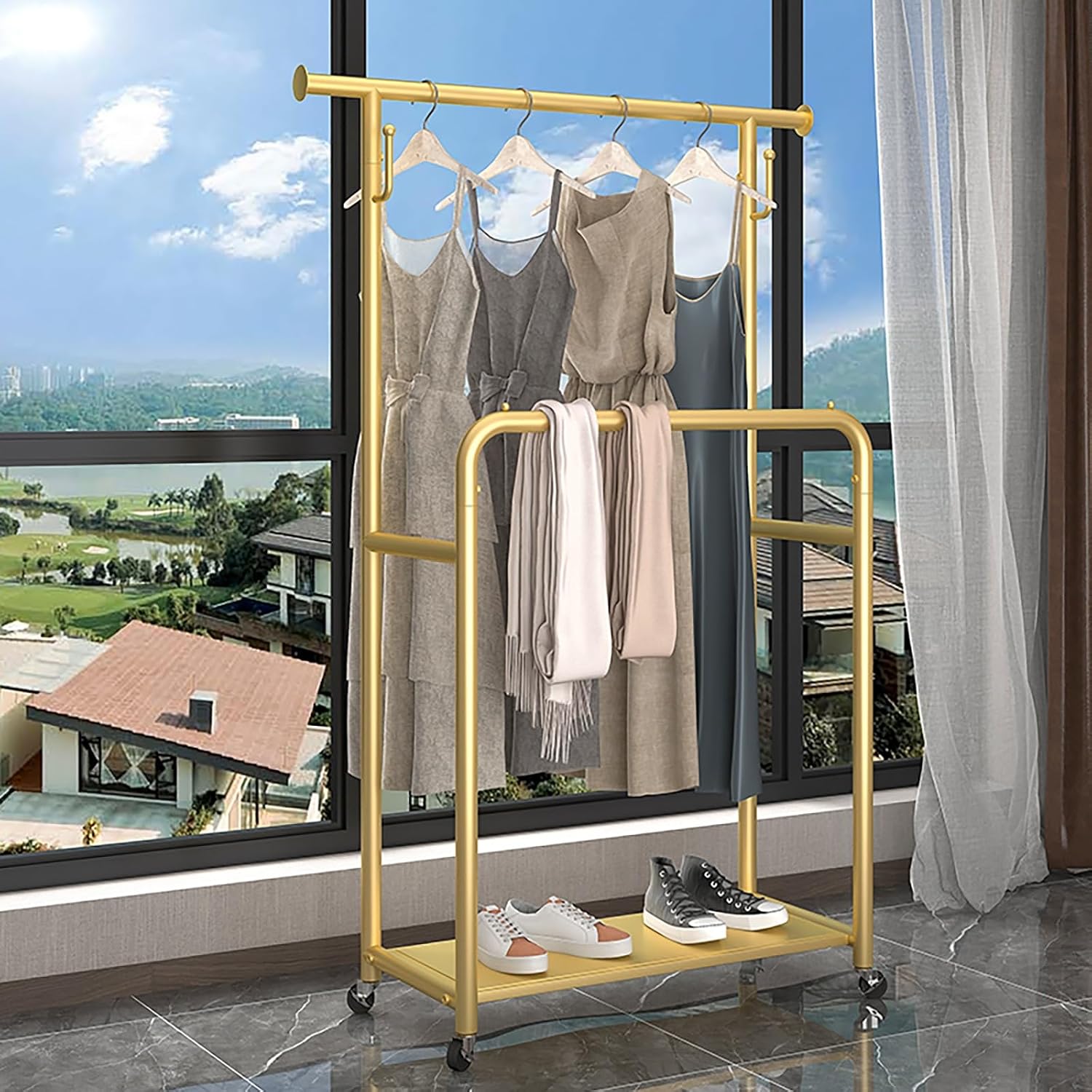 Double Rods Clothes Rack with Wheels,Heavy Duty Garment Racks for Hanging Clothes,Metal Portable Clothing Rack,Sturdy Coat Rack for Bedroom(Gold,100cm/39.4in)