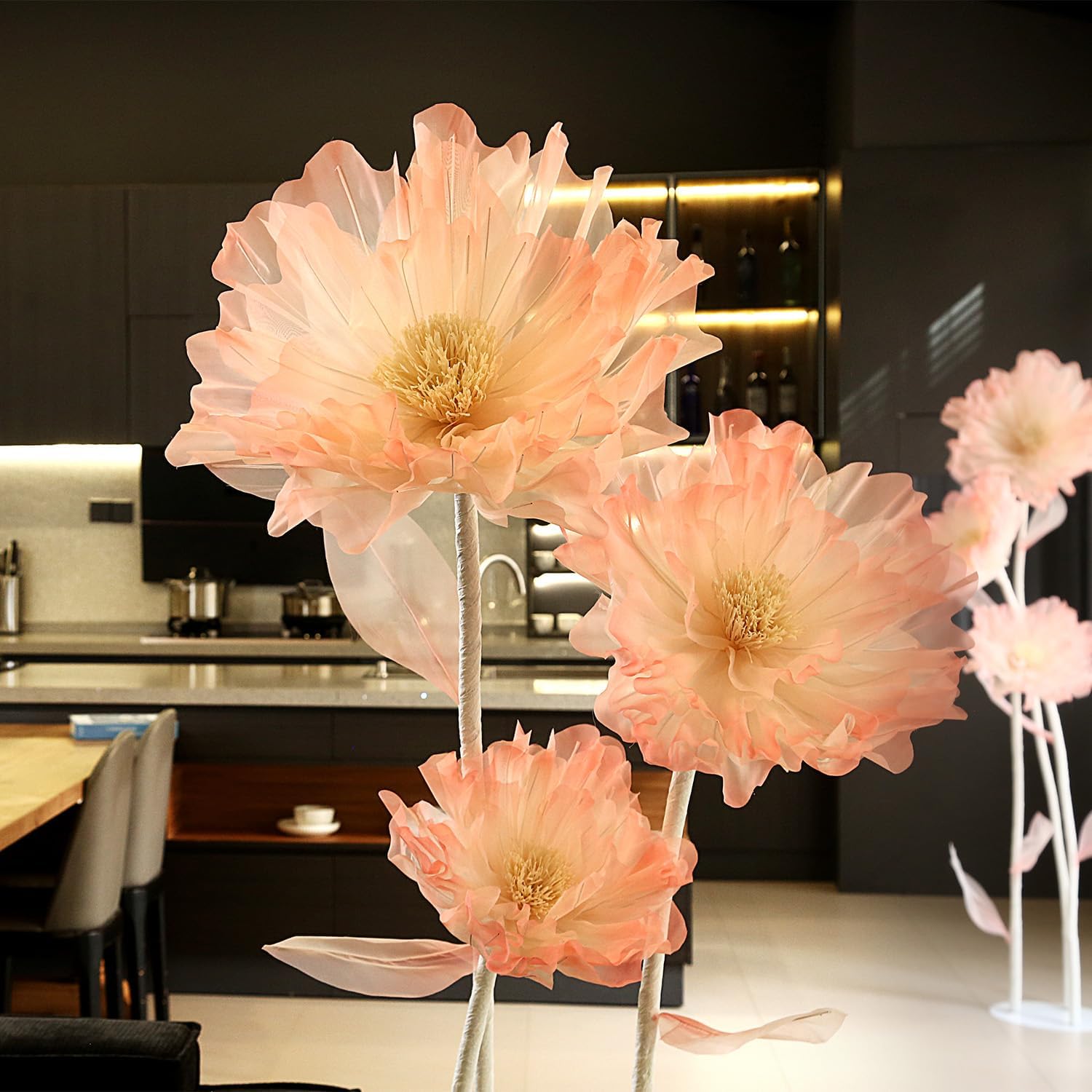 Giant Artificial Organza Flower On Base – Large Pink Faux Flower with Standing Stems and Base for Wedding, Valentine's Day, Party, Shop Window Display, Outdoor Yard Event Backdrop Decor