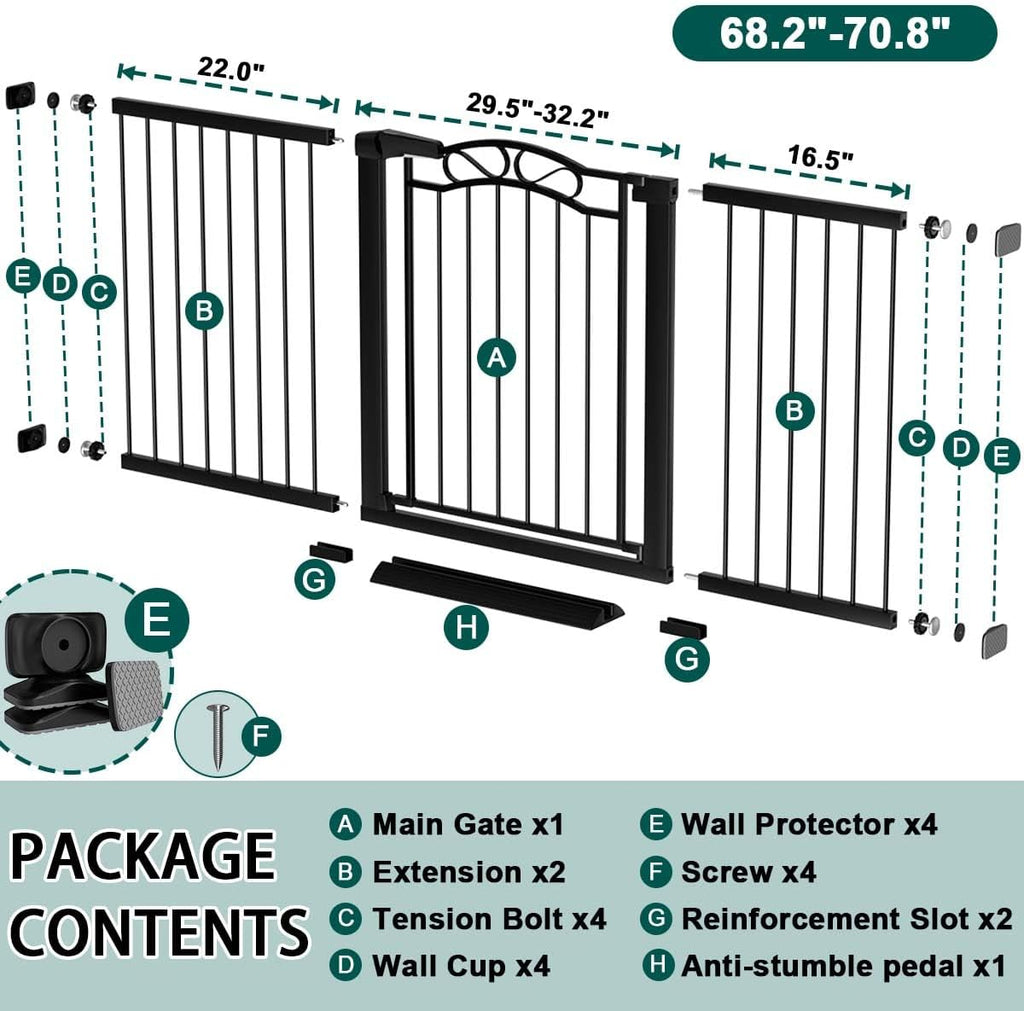 Fairy Baby 68.2'-70.8' Extra Wide Baby Gate with Door, 69 70 Inches Walk THR Baby Gates for Stairs Pressure Mounted no Drill, Indoor Tension Metal Child Pet Dog Safety Gate for Kids, Black