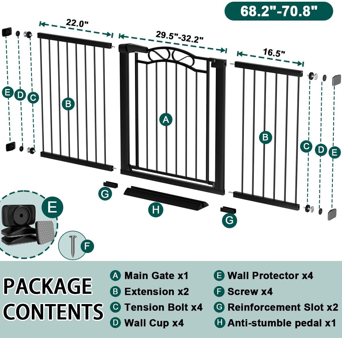 Fairy Baby 68.2'-70.8' Extra Wide Baby Gate with Door, 69 70 Inches Walk THR Baby Gates for Stairs Pressure Mounted no Drill, Indoor Tension Metal Child Pet Dog Safety Gate for Kids, Black
