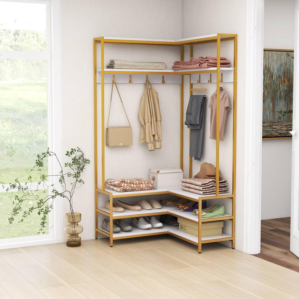 Multigot L-shaped Clothes Rack, Freestanding Corner Garment Rack Hall Tree with Shoe Storage Bench, Shelves and 7 Hooks, Metal Frame Coat Rack Stand Closet Storage Organizer (White+Golden)