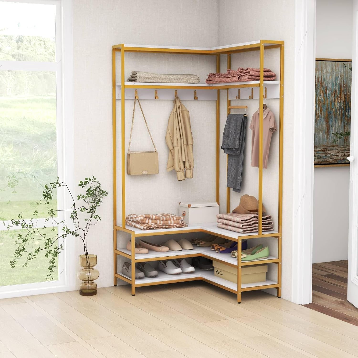 Multigot L-shaped Clothes Rack, Freestanding Corner Garment Rack Hall Tree with Shoe Storage Bench, Shelves and 7 Hooks, Metal Frame Coat Rack Stand Closet Storage Organizer (White+Golden)