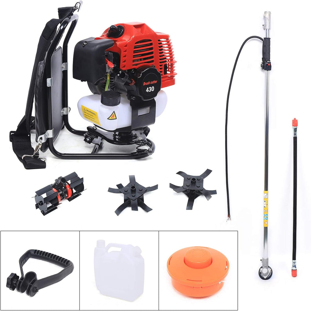 Backpack Brush Cutter 43CC 2-Stroke Tiller Cultivator Gas Powered Grass Trimmer Air-Cooled Single Cylinder Digging Tool Hedge Trimmer for Remove Weeds Soil Cultivation, TBG430