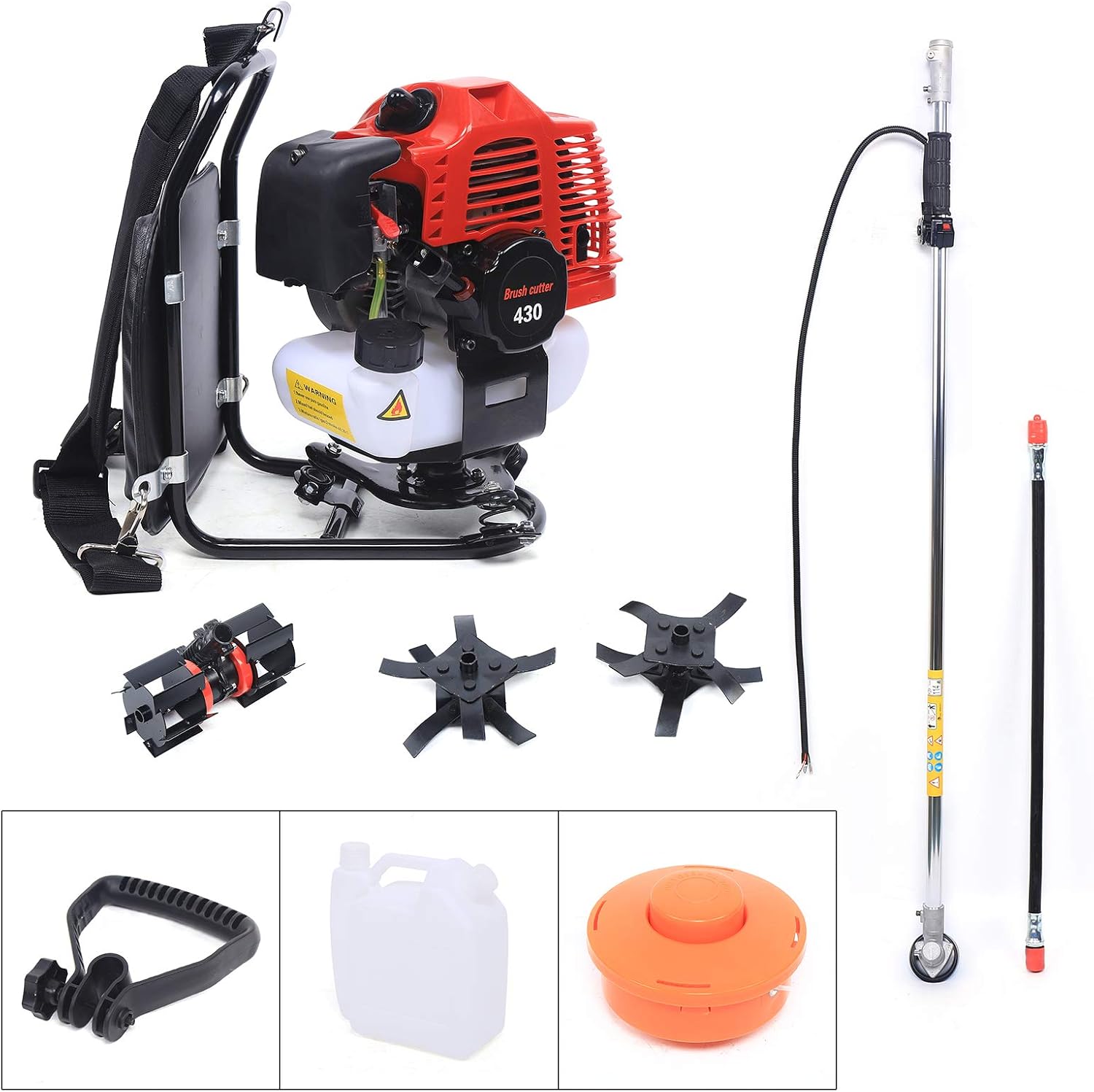 Backpack Brush Cutter 43CC 2-Stroke Tiller Cultivator Gas Powered Grass Trimmer Air-Cooled Single Cylinder Digging Tool Hedge Trimmer for Remove Weeds Soil Cultivation, TBG430