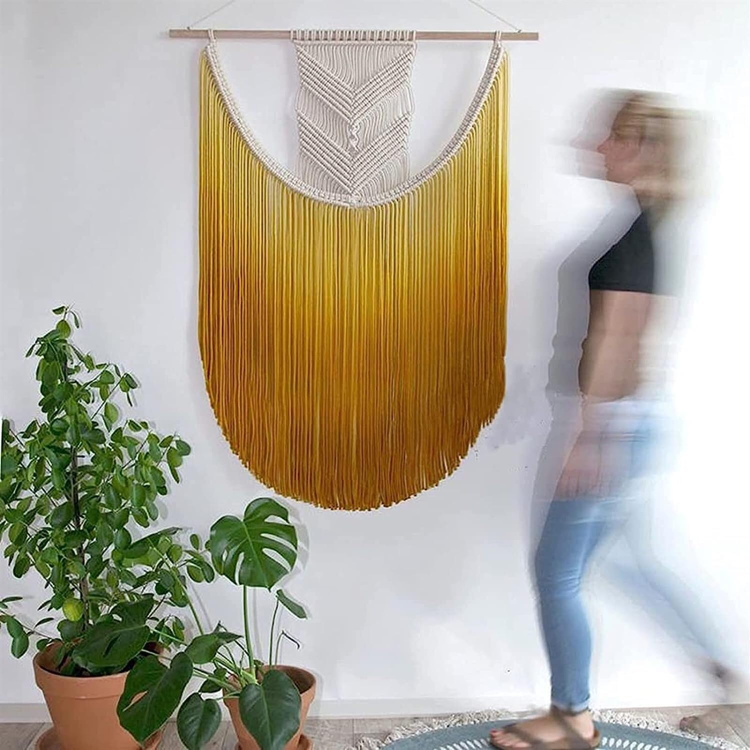 Modern Wall Decor Woven,Wall Hanging Art Tapestry, Macrame Wall Hanging Woven Macrame Tassel Boho Wall Decor for Bedroom Tapestry Handmade Bohemian Wall Art Home Ornament (Yellow)