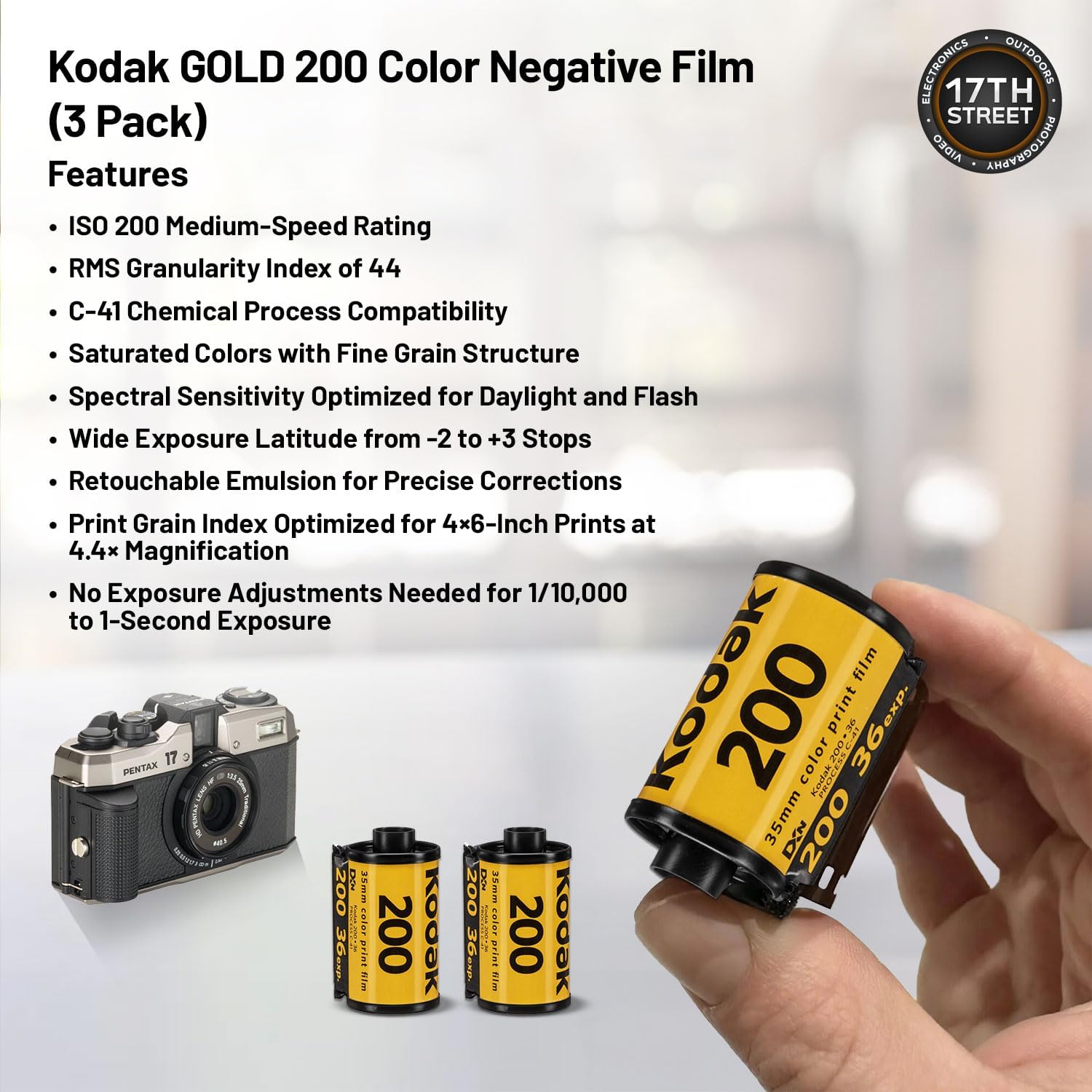 Pentax 17 Compact Film Camera with Half-Frame Format, 25mm F3.5 Lens, Manual ISO 50-3200, 6 Zone Focus, Includes Kodak Gold 200 Color Negative 35mm Roll Film (3 Pack) & Cleaning Cloth Bundle Kit