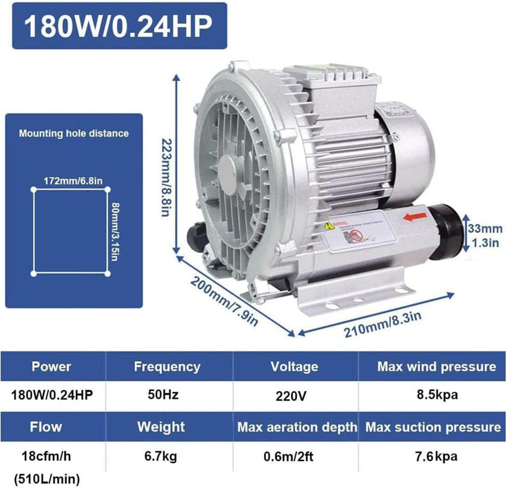 Regenerative Blower,Single Phase High-Pressure Vortex Blower,Low Noise/High Air Volume,Gas Ring Turbine for Air Blowing Or Suction for Sewage Aeration Aquarium 180W/0.24PS
