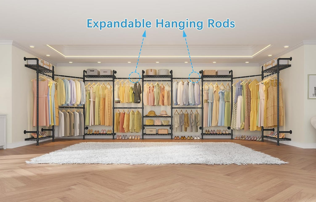 Timate L4 L Shape Garment Rack Heavy Duty Clothes Racks for Hanging Clothes, Expandable Industrial Pipe Clothing Rack Wall Mounted Closet Racks Wardrobe Closet Kit Corner Closet System, Black