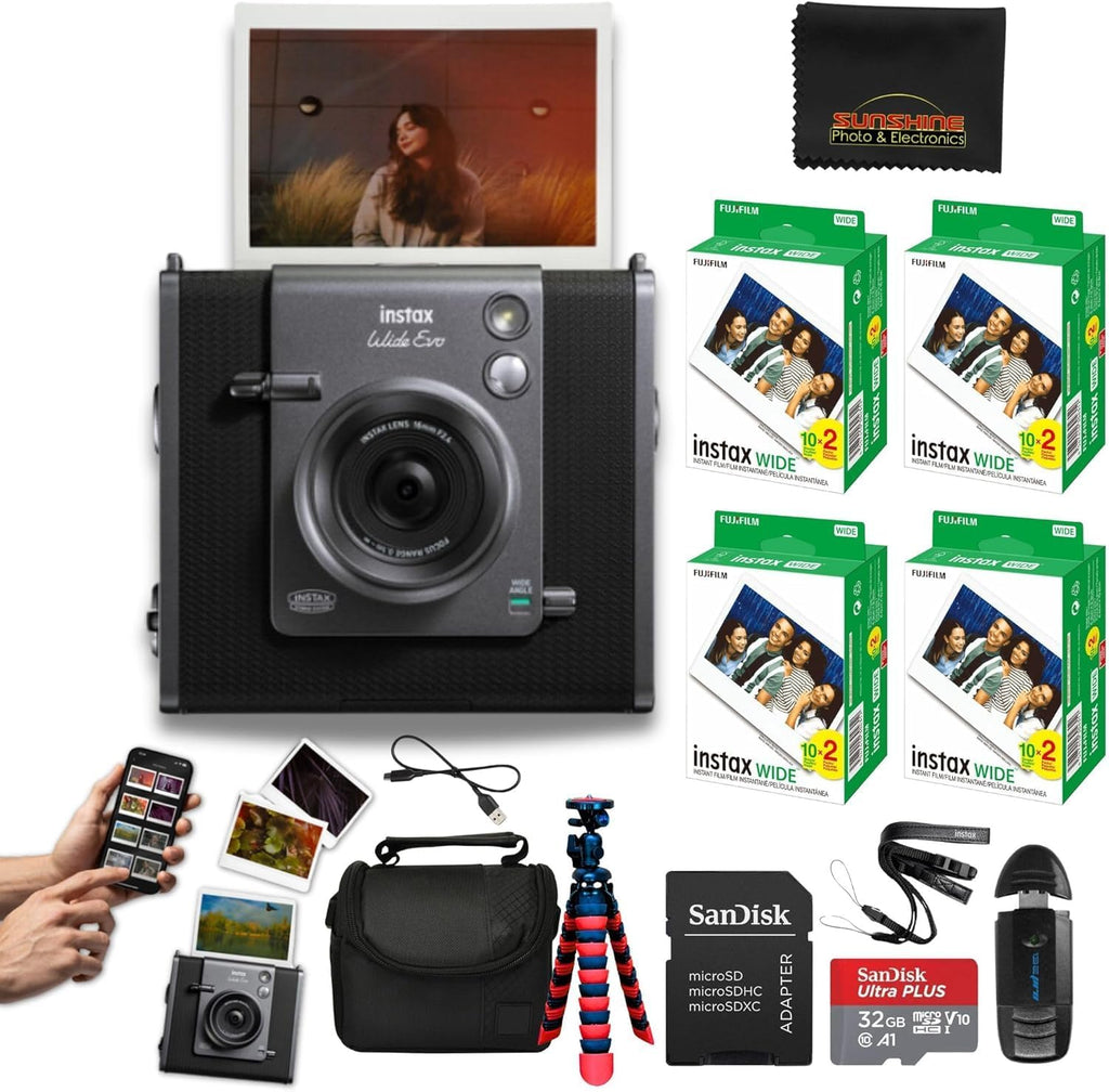 Fujifilm Instax Wide Evo Hybrid Instant Film Camera with 4 Packs Fujifilm Instax Wide Instant Film Twin Pack + 16GB Memory Card + Card Reader + Octo Tripod + Sunshine Photo Microfiber Cleaning Cloth