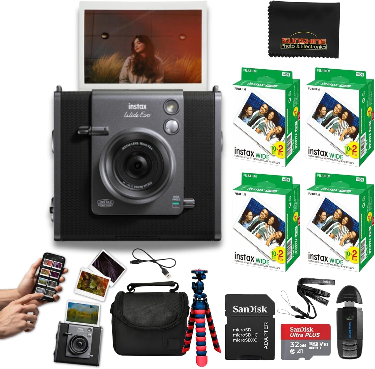 Fujifilm Instax Wide Evo Hybrid Instant Film Camera with 4 Packs Fujifilm Instax Wide Instant Film Twin Pack + 16GB Memory Card + Card Reader + Octo Tripod + Sunshine Photo Microfiber Cleaning Cloth